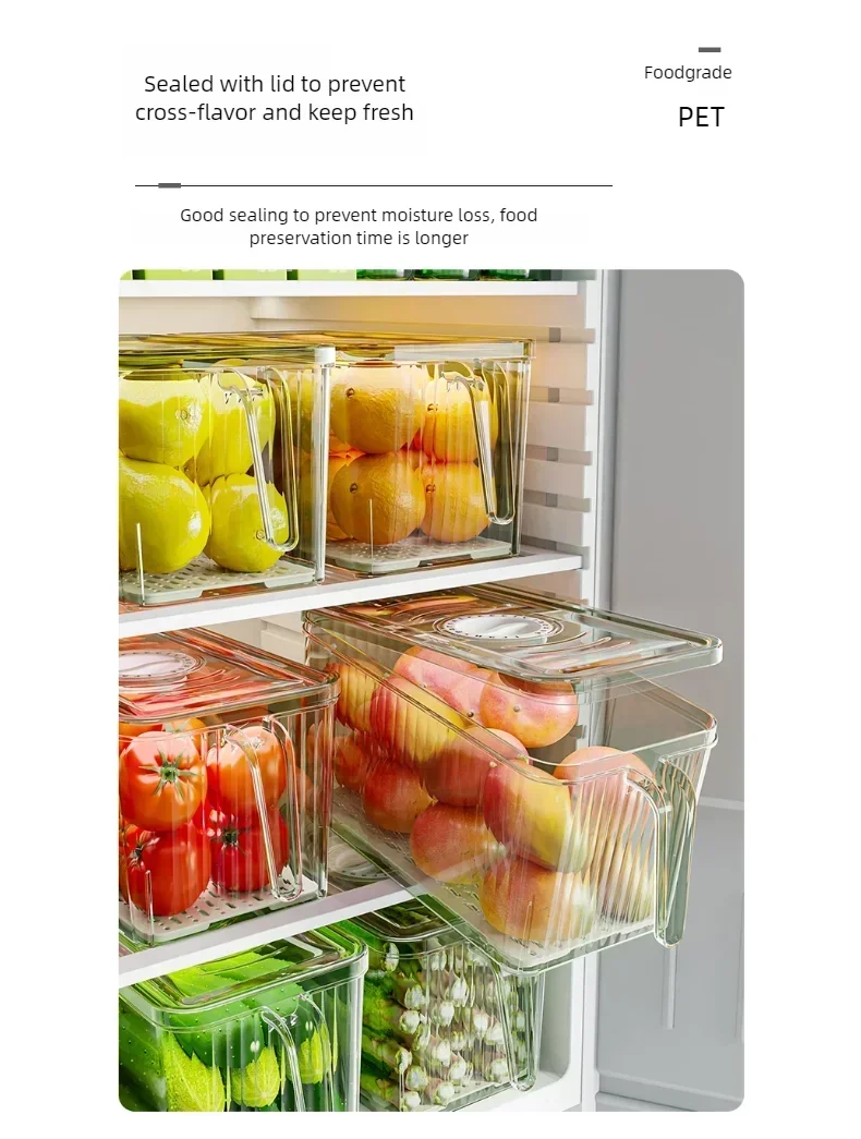 Refrigerator Storage Box with Handle, Vegetable and Fruit Fresh-keeping Storage Box with Lid, Stackable Transparent Storage Box