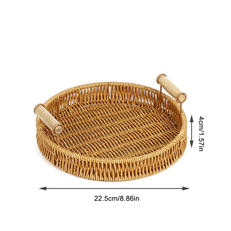 Bandeja de Almacenamiento de Ratán Tejida a Mano con Asas de Madera