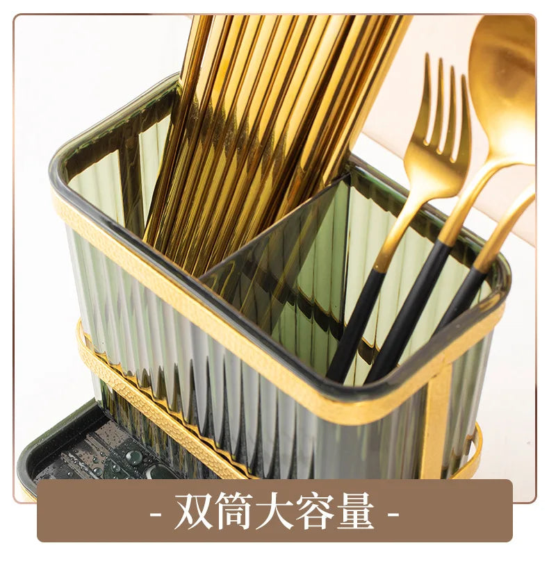 Light Luxury Double Layer Chopsticks Holder, Tableware Cage, Punch-Free, Fork, Spoon, Draining Tray, Kitchen Storage, Hanging