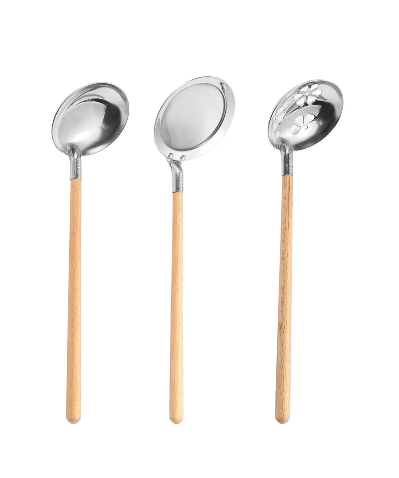 Stainless Steel Wooden Handle Soup Spoon Japanese Kitchen Ramen Tablespoons Colander Hot Pot Scoop Skimmer Gold Tableware