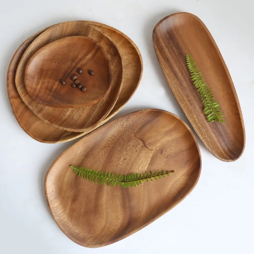 Walnut & Acacia Irregular Oval Solid Wood Dinner Plate Wooden Serving Decorative Tray, for Dishes Snack, Dim Sum, Fruit, Dessert