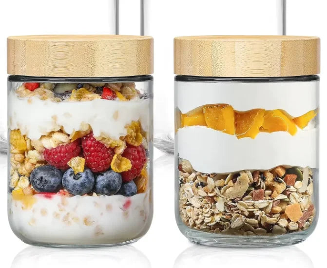 Glass jars with Airtight Lids Oats Containers with Bamboo Lids Wide mouth Mason Salad Glass Food Storage for Snacks Yogurt Spice