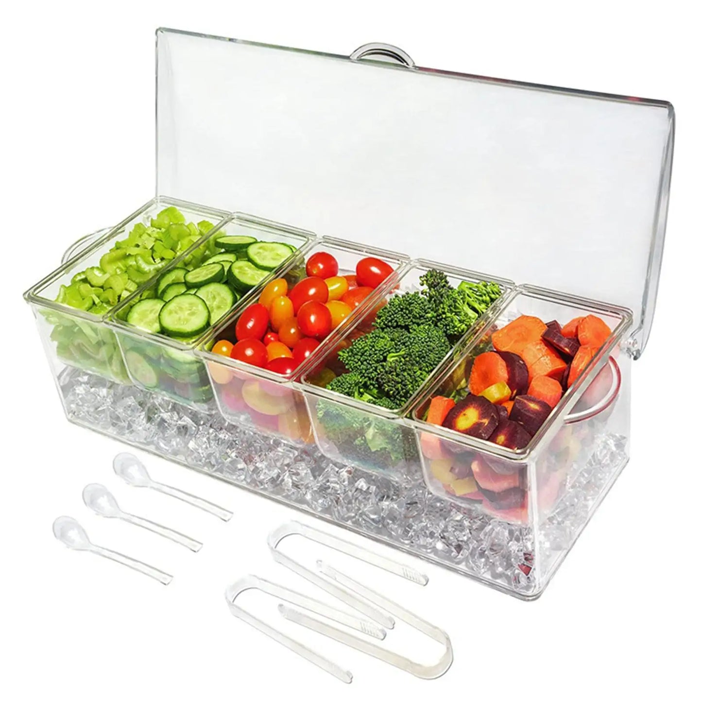 Ice Serving Tray Ice Serving Acrylic 5 Compartment with Spoons and Clips for Cocktail Meats