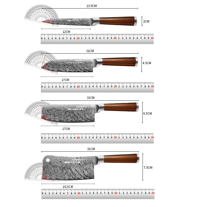 Juego de Cuchillos de Acero Damasco – Chef Profesional, Ideal para Carne y Verduras