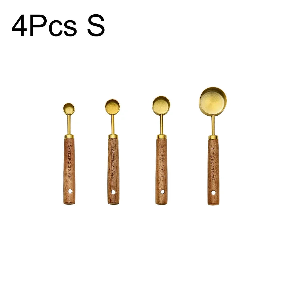 1/4/8Pcs Gold Wooden Handle Stainless Steel Measuring Cups Spoons Baking Tools Coffee Bartending Scale Kitchen Accessories Set