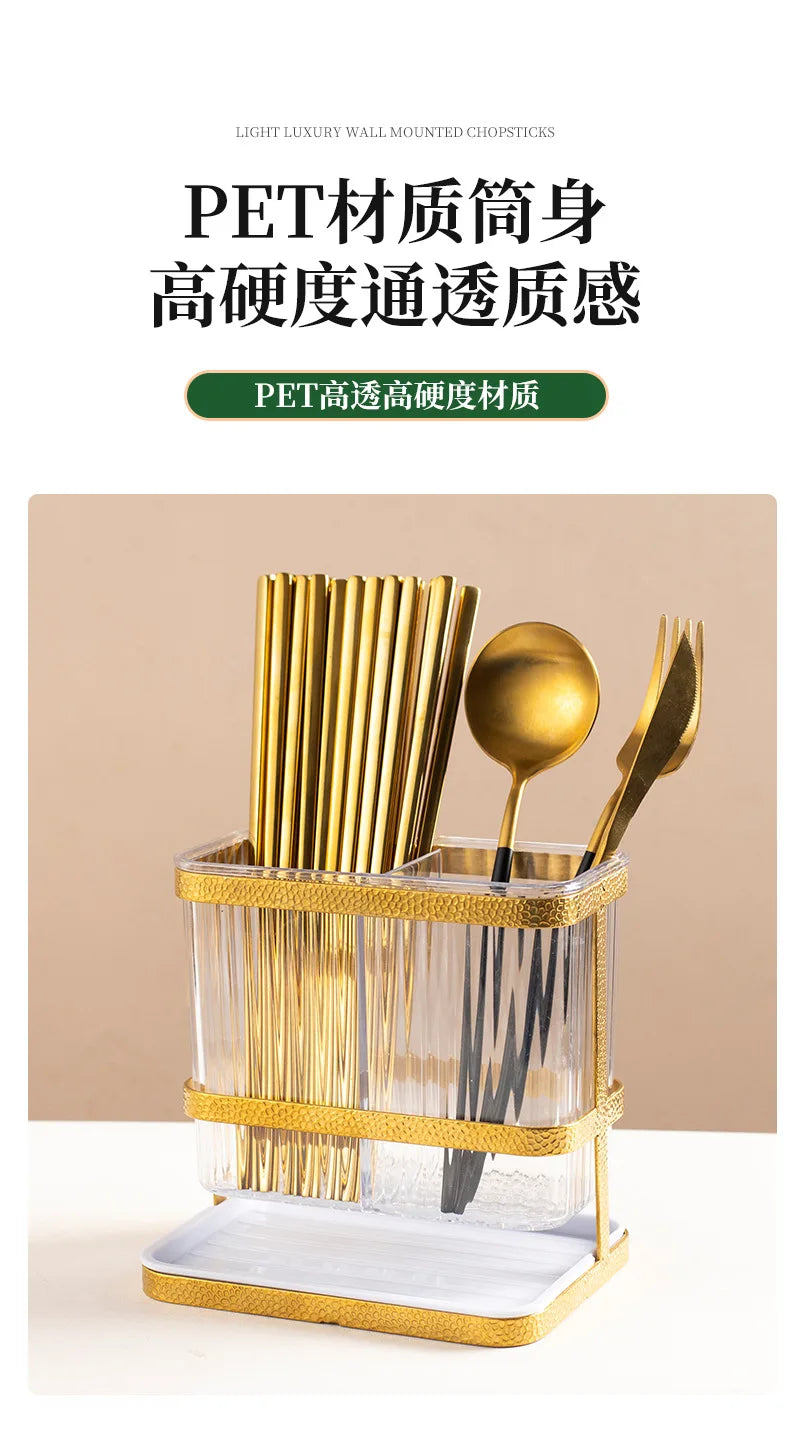 Light Luxury Double Layer Chopsticks Holder, Tableware Cage, Punch-Free, Fork, Spoon, Draining Tray, Kitchen Storage, Hanging