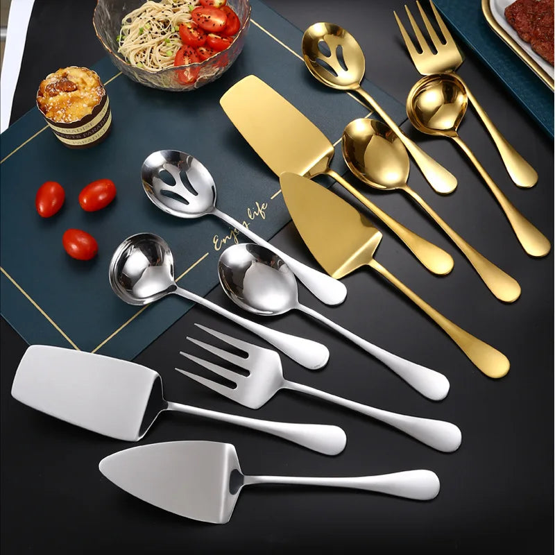 Stainless Steel Gold Korean Serving Spoon Tableware Soup Ladle Colander Fork Shovel Restaurant Public Cutlery Kitchen Utensil