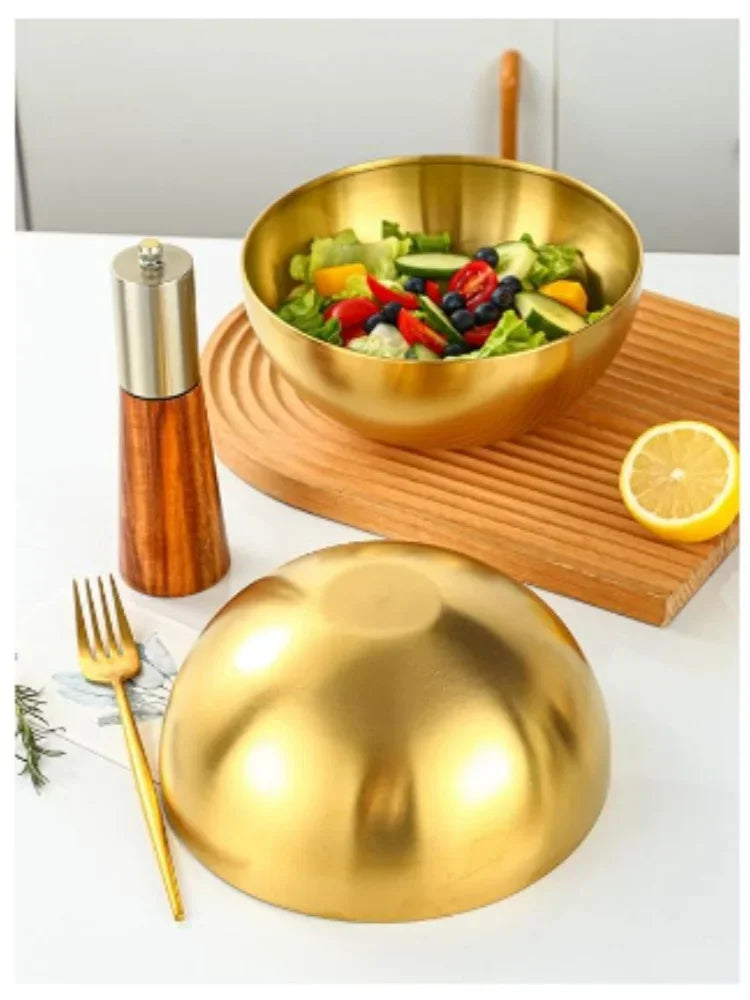 304 Golden Stainless Steel Fruit Salad Bowls Large Capacity Korean Style Food Container Soup Rice Noodle Kitchen Tableware