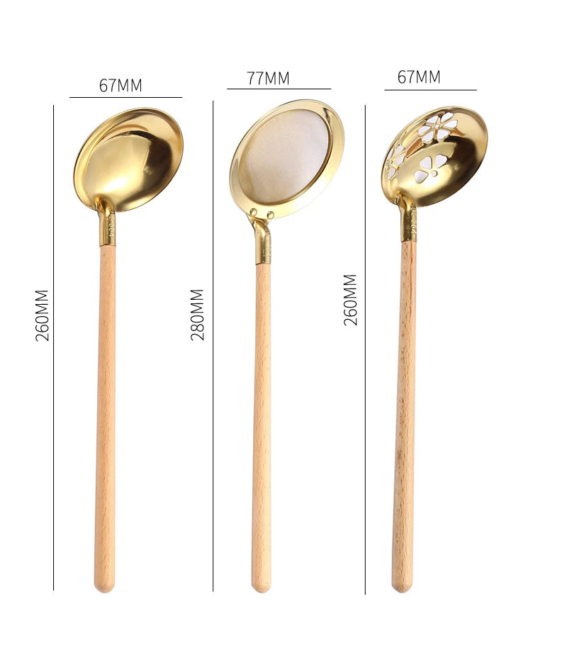 Stainless Steel Wooden Handle Soup Spoon Japanese Kitchen Ramen Tablespoons Colander Hot Pot Scoop Skimmer Gold Tableware