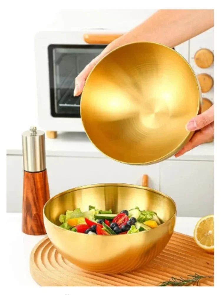 304 Golden Stainless Steel Fruit Salad Bowls Large Capacity Korean Style Food Container Soup Rice Noodle Kitchen Tableware