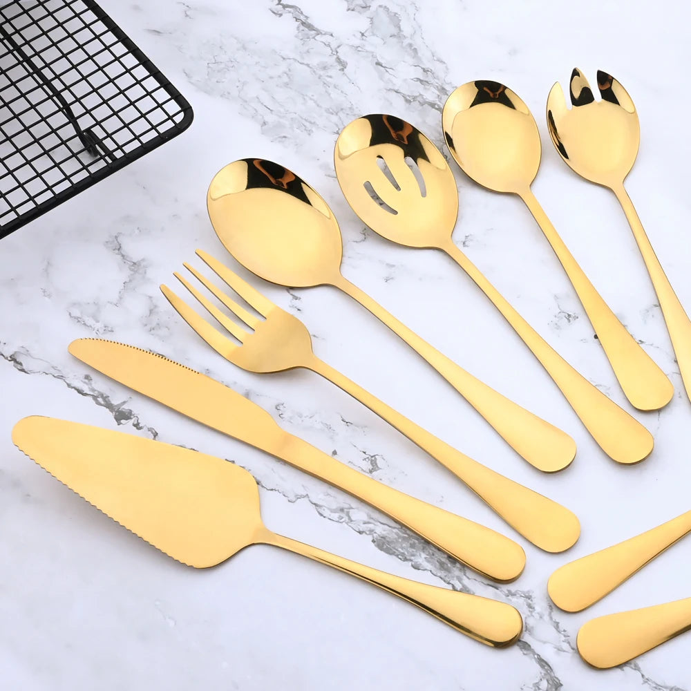 7Pcs Gold Dinnerware Set Stainless Steel Soup Spoon Colander Spoon Service Spoon Salad Fork Cake Spatula Kitchen Home Tableware