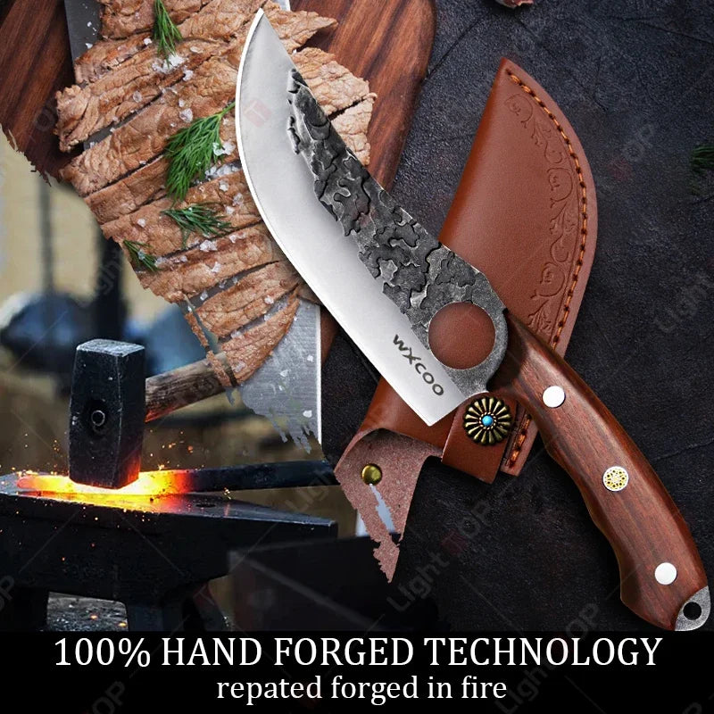 Cuchillo de Carnicero Forjado – Mango de Madera, Ideal para Cortar y Deshuesar Carne