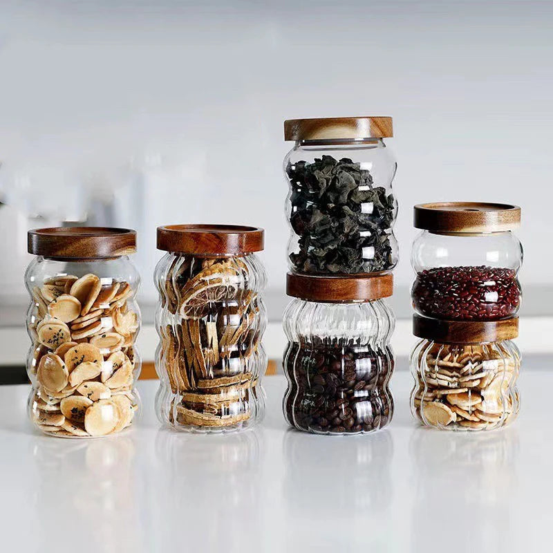 Wood Lid Striped Glass Storage Bottles Sealed Jar Tea Coffee Beans Grains Candy Jars Organizer Kitchen Food Glass Containers