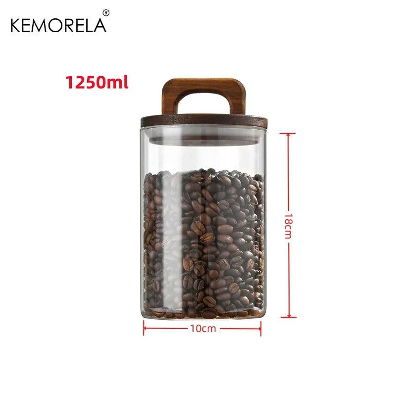 Wood Lid Glass jar Airtight Canister Food Container Tea Coffee Beans Kitchen Storage Bottles Jar Sealed Grounds Candy Jar