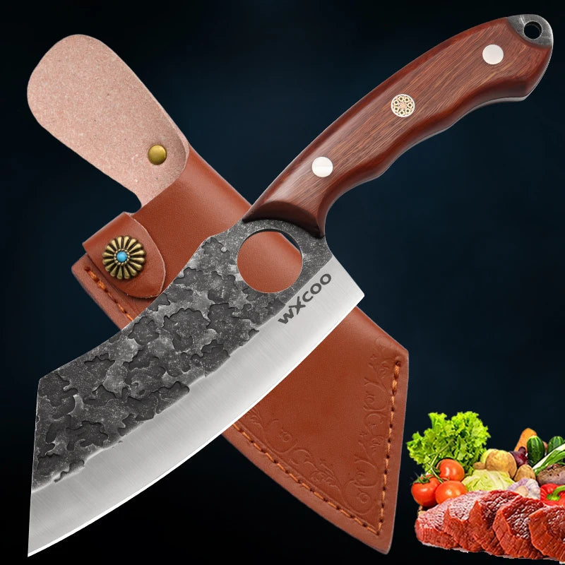 Cuchillo de Carnicero Forjado – Mango de Madera, Ideal para Cortar y Deshuesar Carne