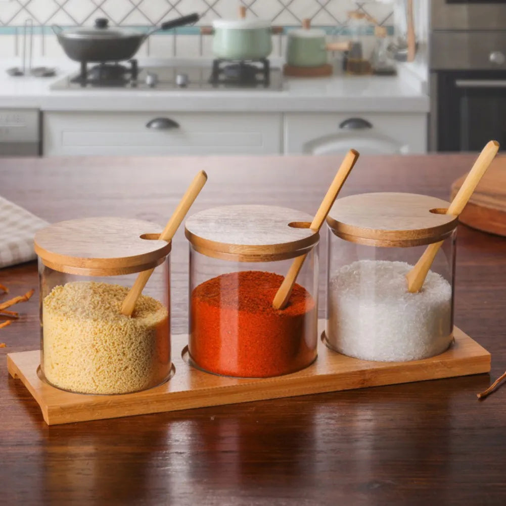 300ml Glass Seasoning Storage Jars with Bamboo Lid And Spoon Kitchen Spice Box Seasoning Container Sugar Salt Pepper Storage Jar