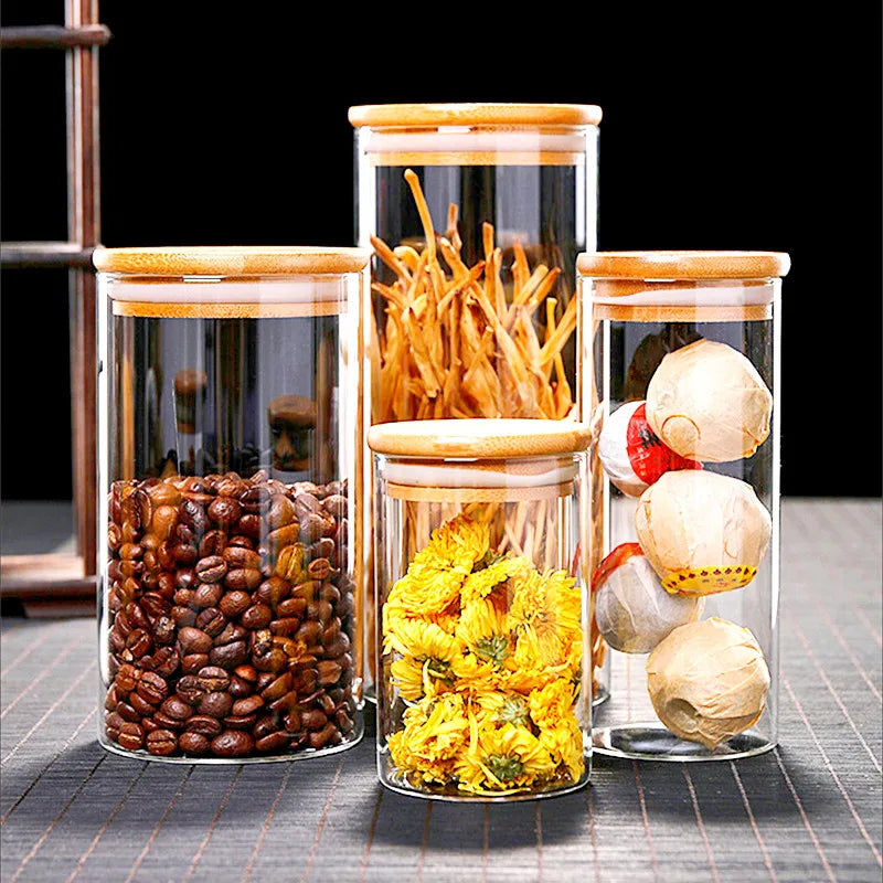 Glass Jar With Bamboo Lid Sealed Canister Food Storage Bottles Container Storage For Loose Tea Coffee Bean Kitchen Accessories