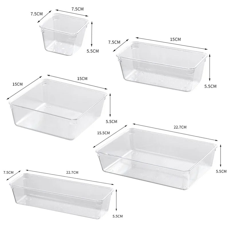 7/14-Piece Versatile Drawer Organizer Set - Clear Plastic Trays and Dividers in 4 Sizes for Perfect Makeup and Kitchen Storage