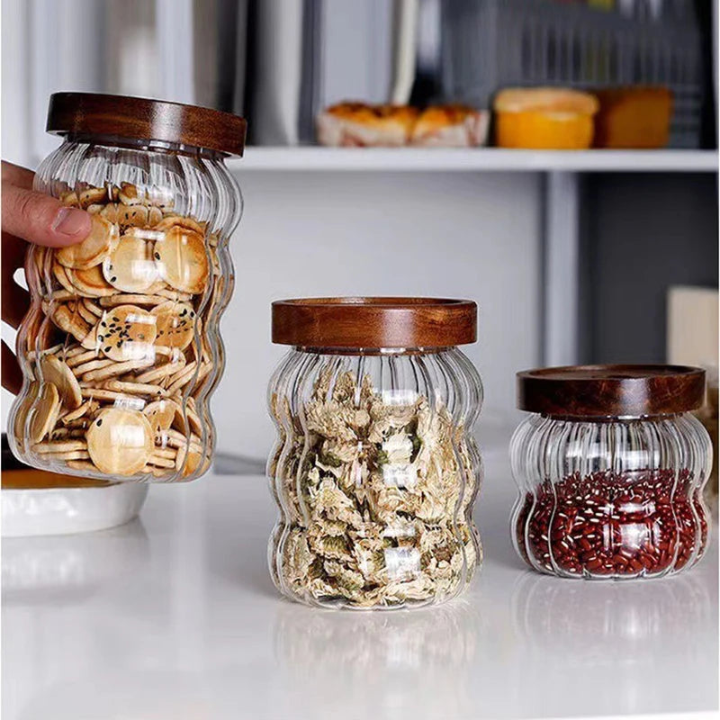 Wood Lid Striped Glass Storage Bottles Sealed Jar Tea Coffee Beans Grains Candy Jars Organizer Kitchen Food Glass Containers