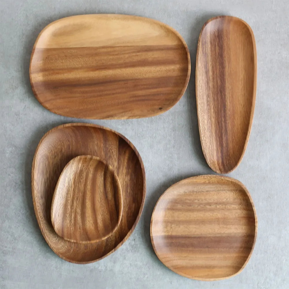 Walnut & Acacia Irregular Oval Solid Wood Dinner Plate Wooden Serving Decorative Tray, for Dishes Snack, Dim Sum, Fruit, Dessert