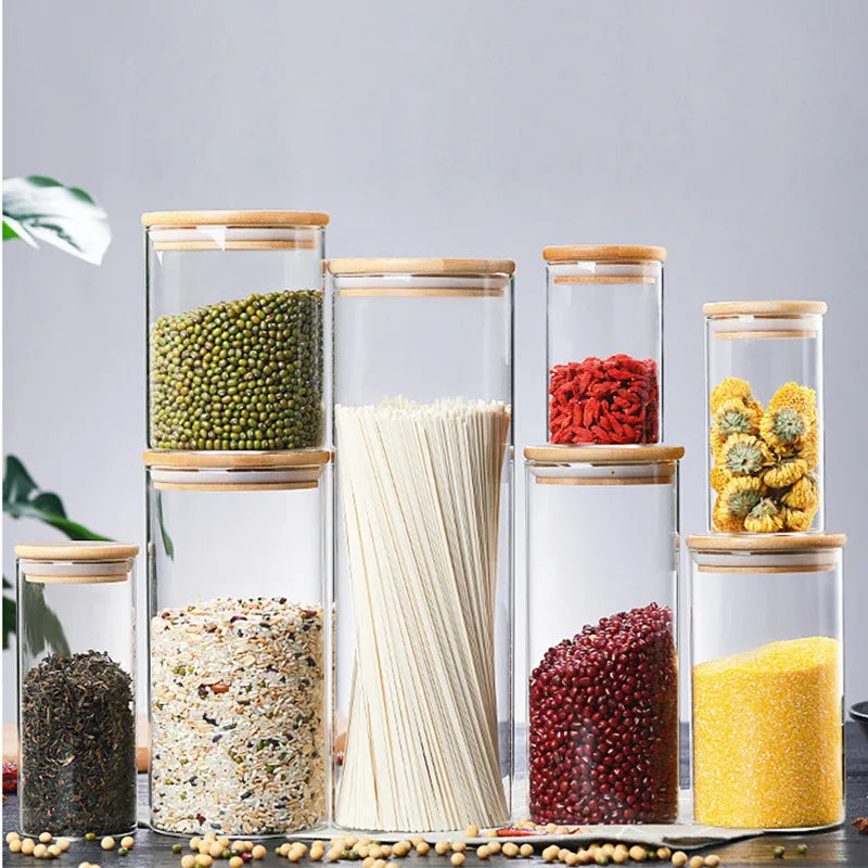 Glass Jar With Bamboo Lid Sealed Canister Food Storage Bottles Container Storage For Loose Tea Coffee Bean Kitchen Accessories