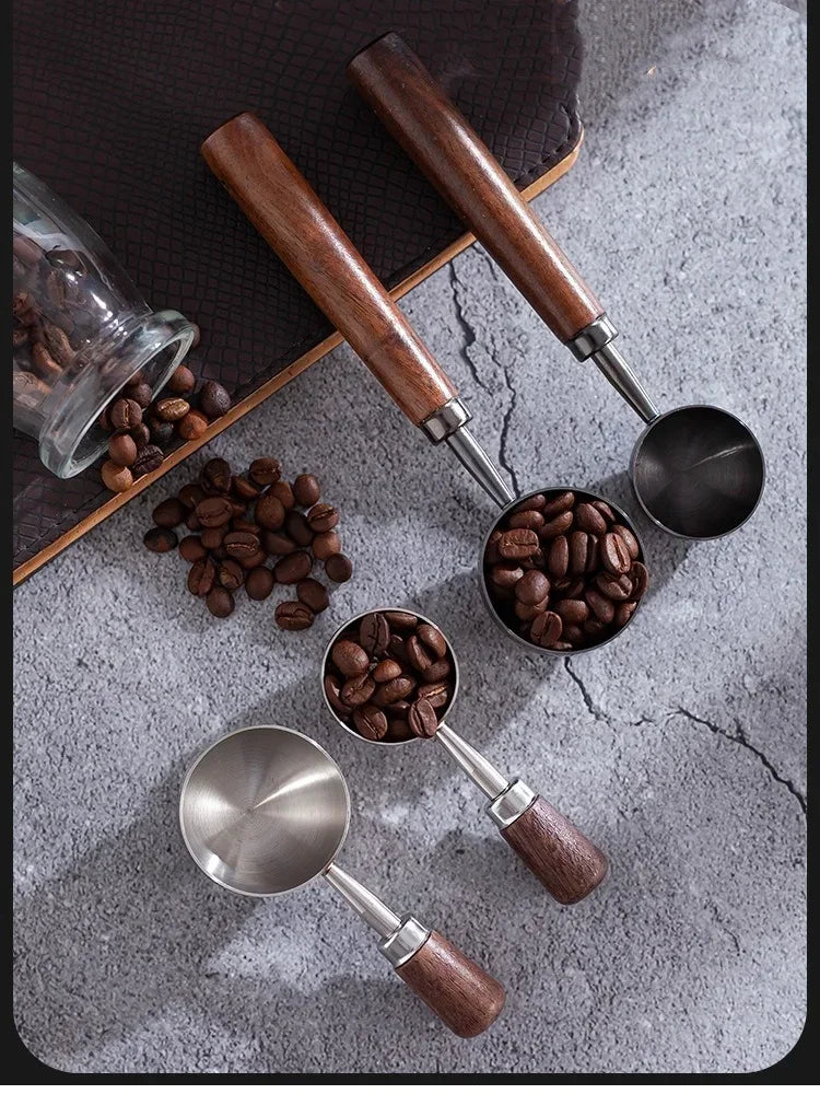 Stainless Steel Walnut Coffee Bean Measuring Spoons Household Tools High Profile Level Long Handle Coffee Powder Measuring Spoon