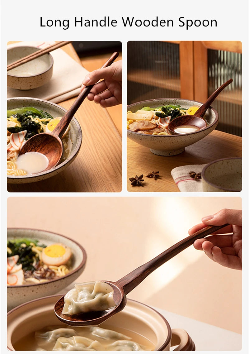 New Long Handle Ramen Wooden Spoon Japanese Kitchen Cooking Utensils Tableware Serving Tablespoons Home Large Soup Ladle