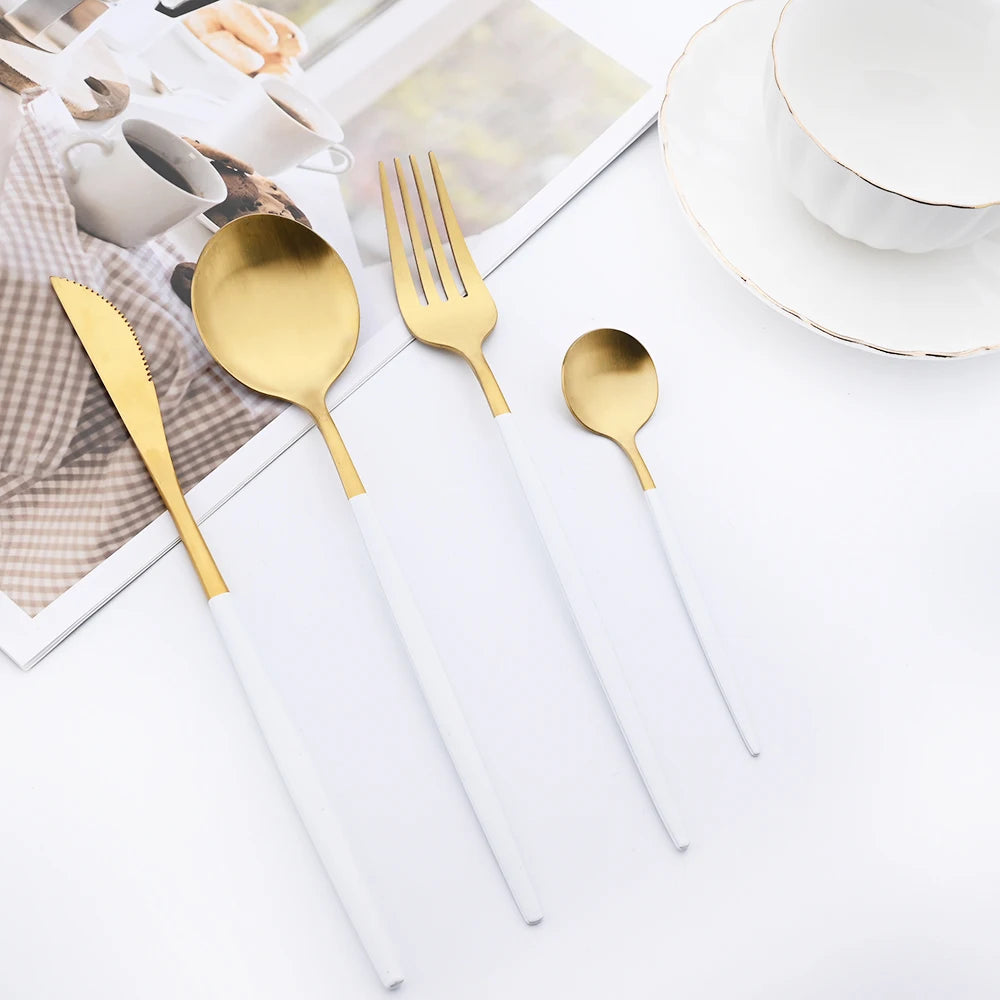 16Pcs Gold Matte Cutlery Set Knife Fork Spoons Dinnerware Set Stainless Steel Tableware Western Flatware Kitchen Silverware Set