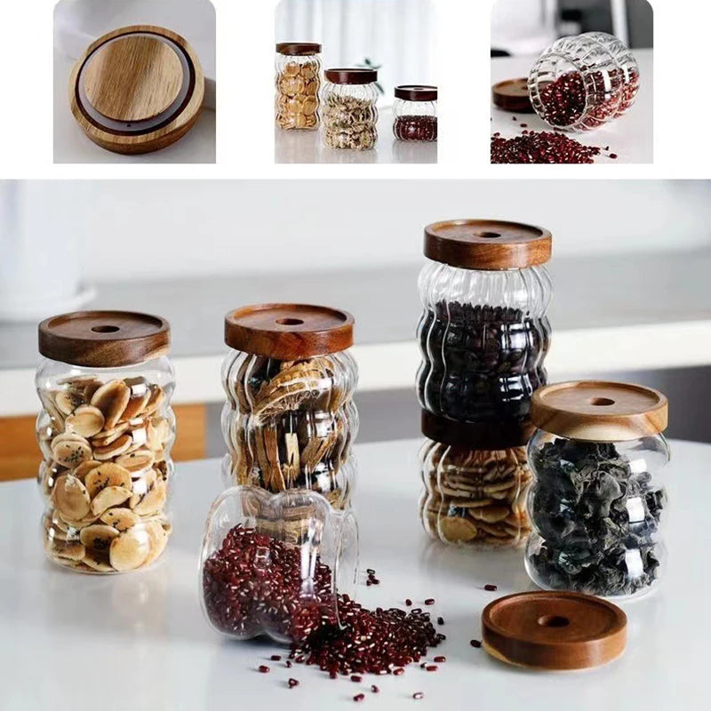 Wood Lid Striped Glass Storage Bottles Sealed Jar Tea Coffee Beans Grains Candy Jars Organizer Kitchen Food Glass Containers