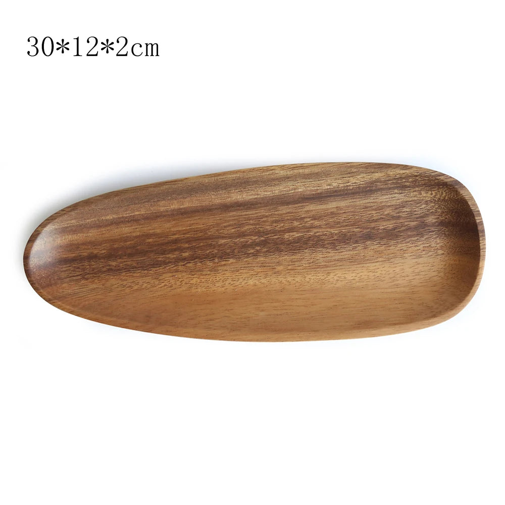 Walnut & Acacia Irregular Oval Solid Wood Dinner Plate Wooden Serving Decorative Tray, for Dishes Snack, Dim Sum, Fruit, Dessert