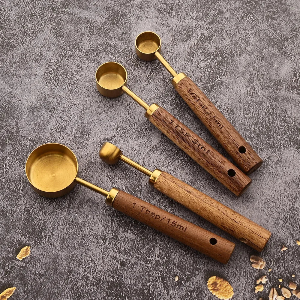 1/4/8Pcs Gold Wooden Handle Stainless Steel Measuring Cups Spoons Baking Tools Coffee Bartending Scale Kitchen Accessories Set