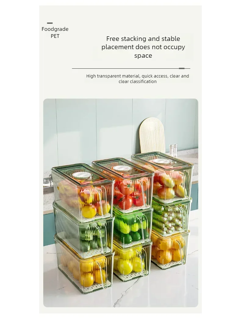 Refrigerator Storage Box with Handle, Vegetable and Fruit Fresh-keeping Storage Box with Lid, Stackable Transparent Storage Box