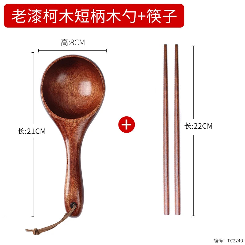 Natural Solid Wood Noodle Spoon Large Soup Ladle Japanese Short Handle Porridge Spoon Soup Ladle Water Scoop Kitchen Household