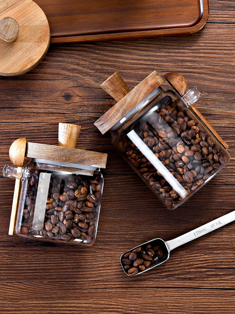 Coffee Bean Storage Jar Glass Sealed Jar with Spoon Storage Box Coffee Powder Storage Can Tea Can