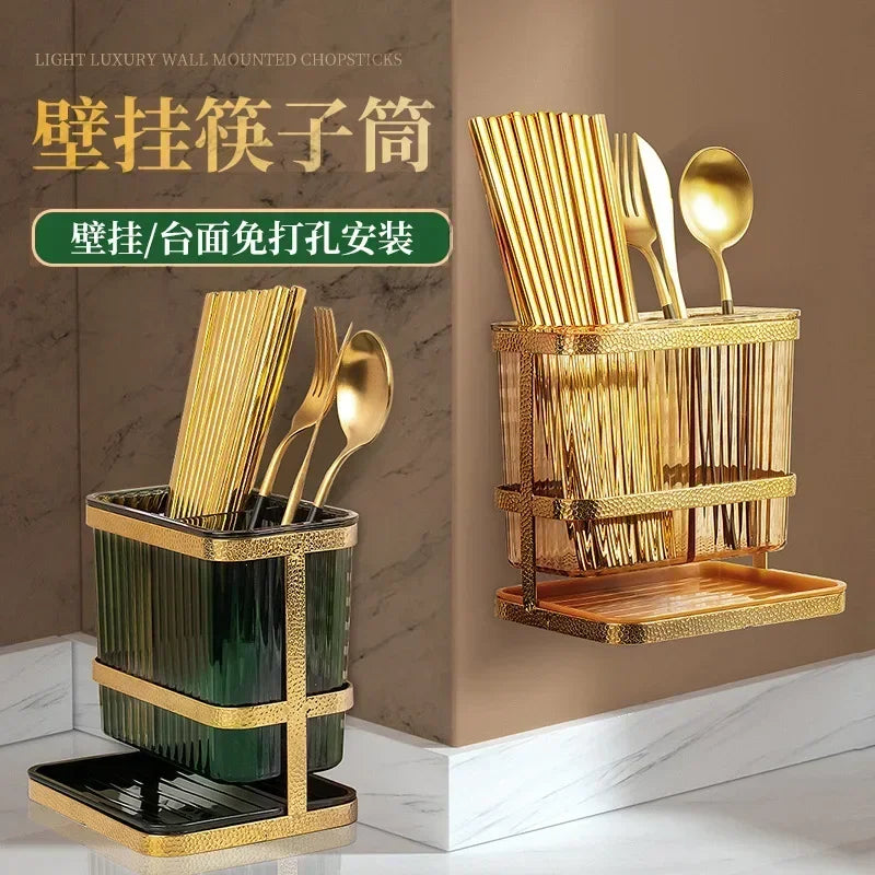 Light Luxury Double Layer Chopsticks Holder, Tableware Cage, Punch-Free, Fork, Spoon, Draining Tray, Kitchen Storage, Hanging