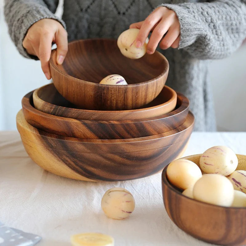 Natural Wood Bowl Food Serving Wooden Bowl for Rice Salads Fruit Soups Cereal Nuts Container Kids Unbreakable Dinnerware