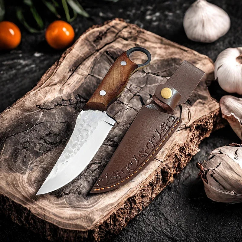 Cuchillo de Carnicero Forjado – Full Tang, Mango de Madera, Ideal para Carne y Pescado