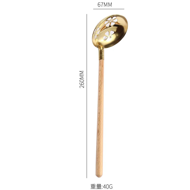 Stainless Steel Wooden Handle Soup Spoon Japanese Kitchen Ramen Tablespoons Colander Hot Pot Scoop Skimmer Gold Tableware