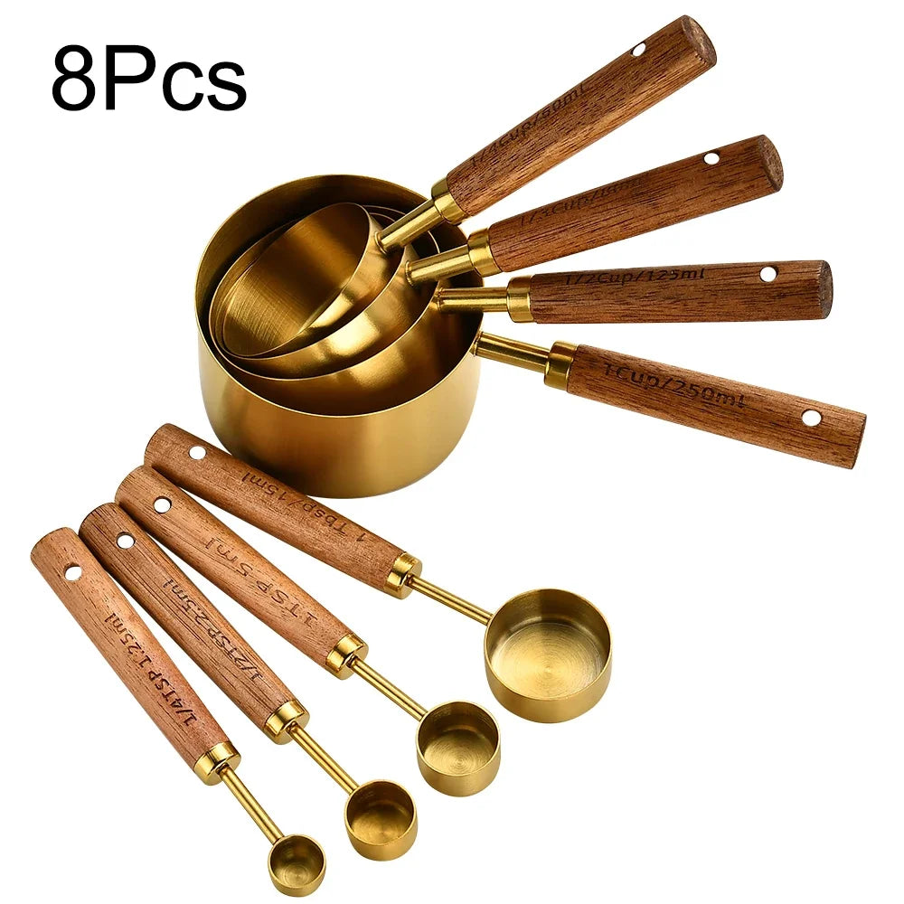 1/4/8Pcs Gold Wooden Handle Stainless Steel Measuring Cups Spoons Baking Tools Coffee Bartending Scale Kitchen Accessories Set