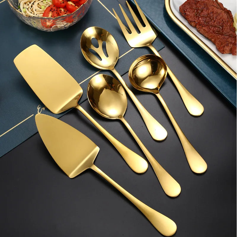 Stainless Steel Gold Korean Serving Spoon Tableware Soup Ladle Colander Fork Shovel Restaurant Public Cutlery Kitchen Utensil