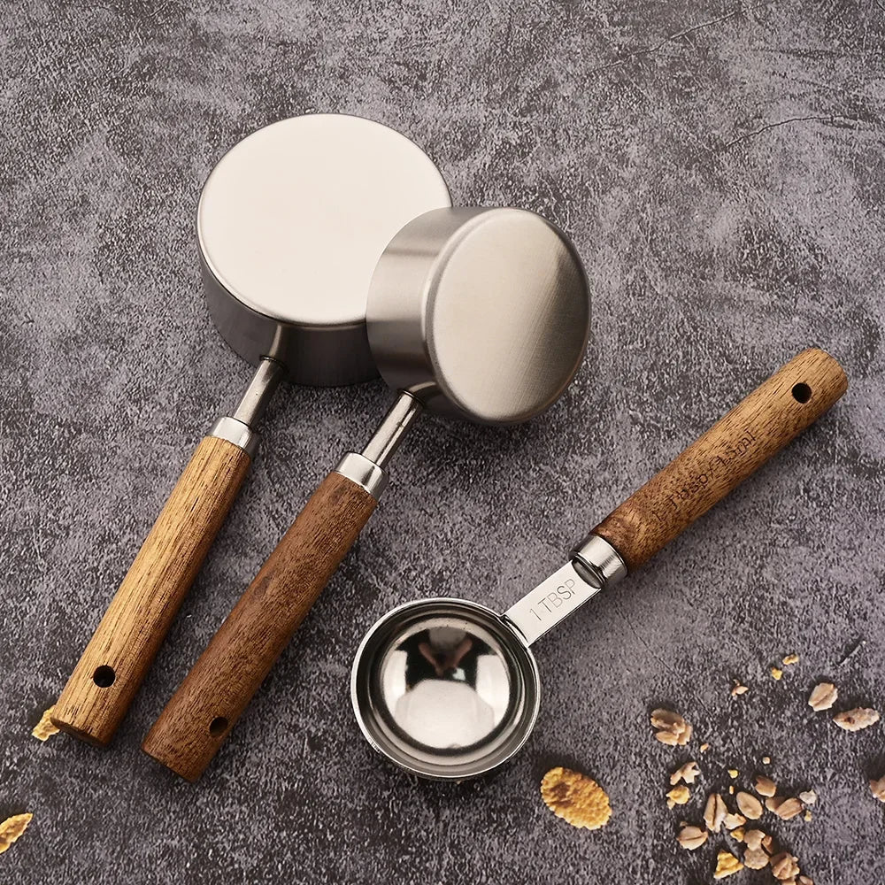 1/4/8Pcs Gold Wooden Handle Stainless Steel Measuring Cups Spoons Baking Tools Coffee Bartending Scale Kitchen Accessories Set