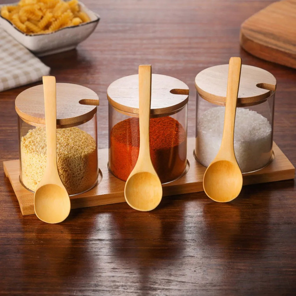 300ml Glass Seasoning Storage Jars with Bamboo Lid And Spoon Kitchen Spice Box Seasoning Container Sugar Salt Pepper Storage Jar