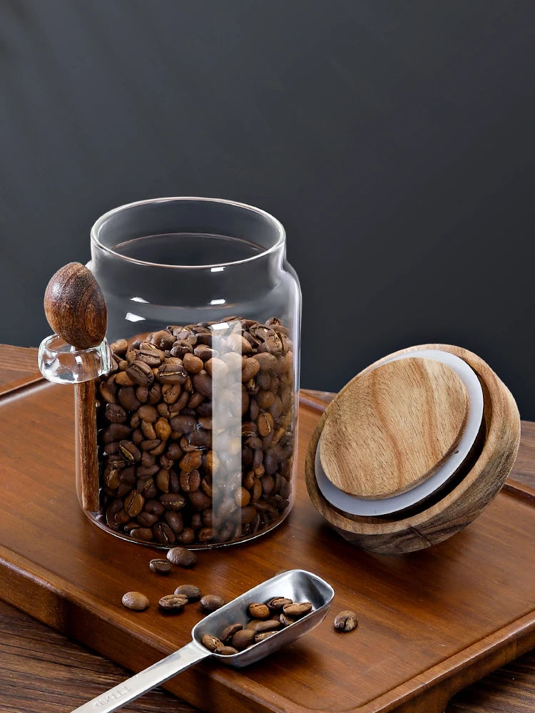 Coffee Bean Storage Jar Glass Sealed Jar with Spoon Storage Box Coffee Powder Storage Can Tea Can