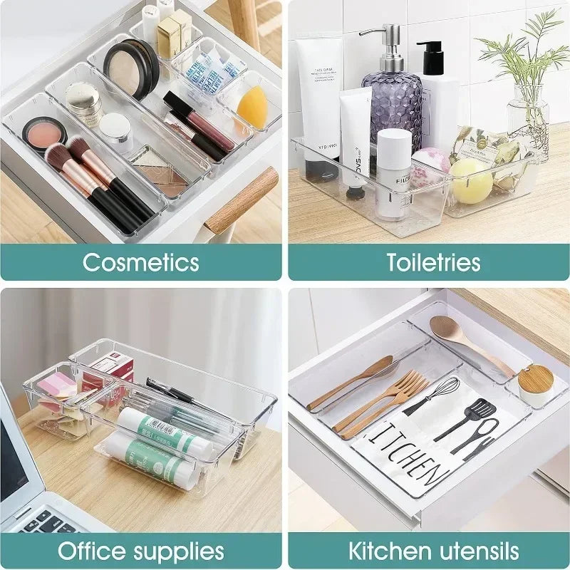 24/16/8/4pcs Drawer Organizers Set Clear Plastic Desk Dividers Bins Bedroom Dresser Office Storage Box for Makeup Gadgets