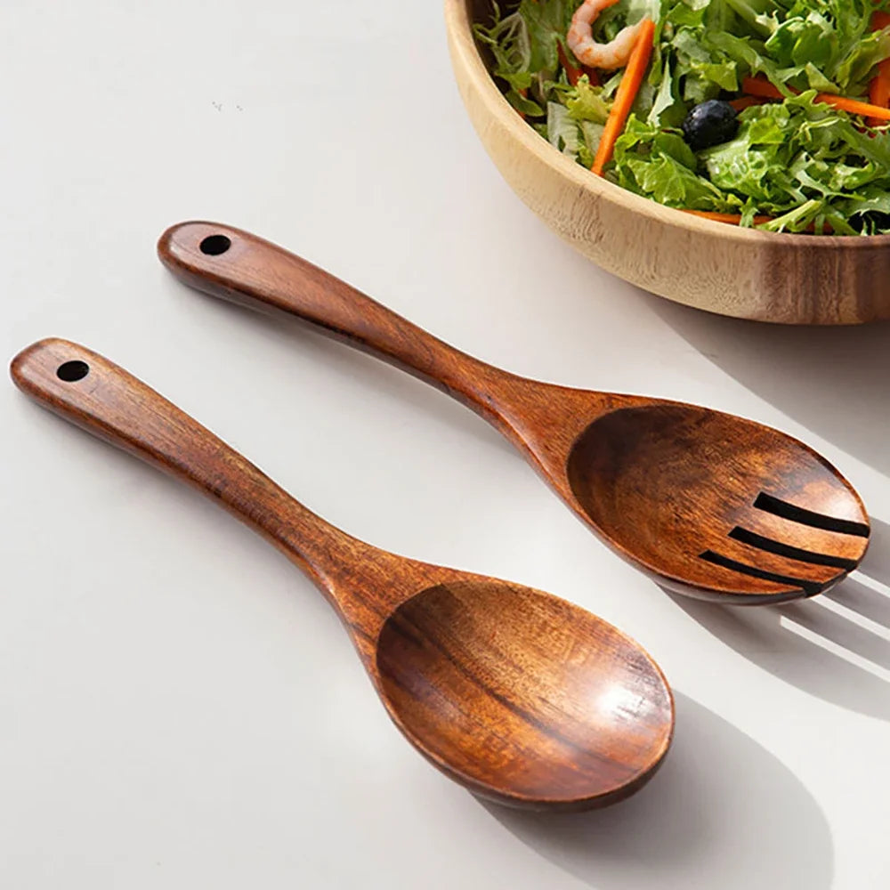 2Pcs Dinnerware Set Wooden Large Spoon Fork Cutlery Set Japanese Style Long Handle Serving Salad Scoop Tableware Kitchen Utensil