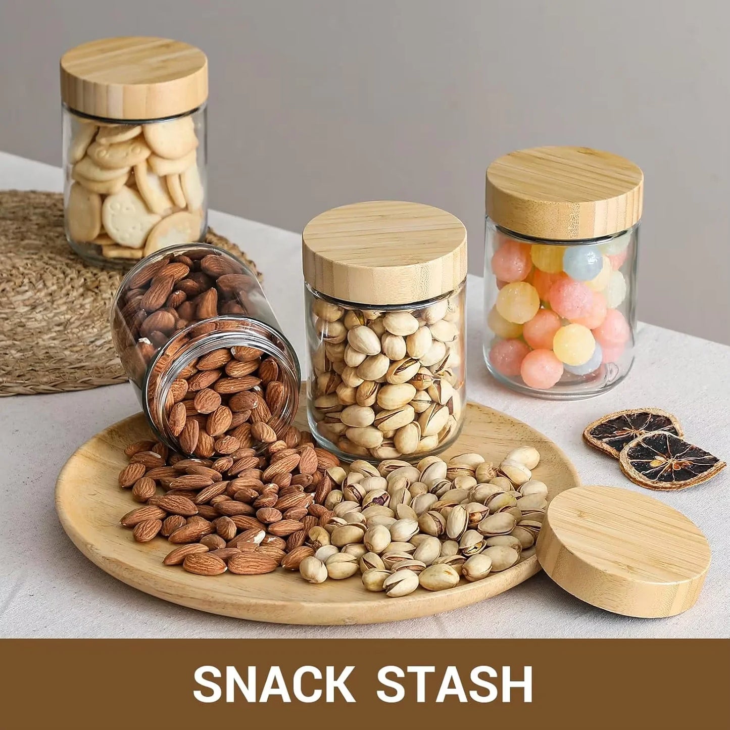 Glass jars with Airtight Lids Oats Containers with Bamboo Lids Wide mouth Mason Salad Glass Food Storage for Snacks Yogurt Spice