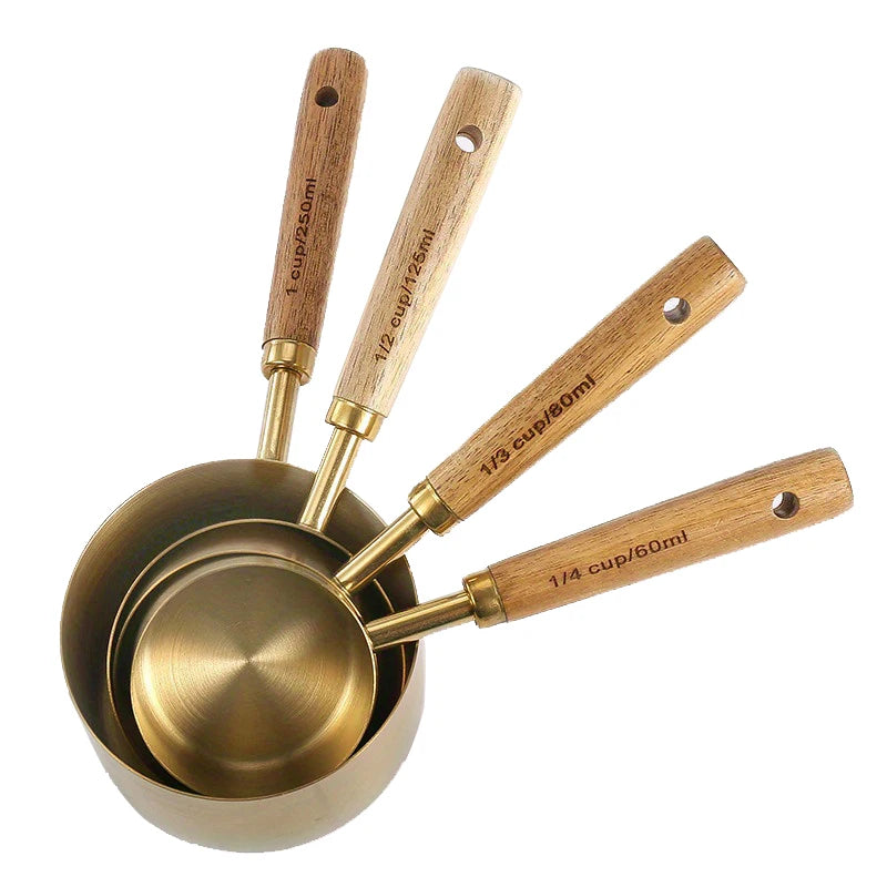 4/8Pcs Wooden Handle Stainless Steel Measuring Cups Spoons Baking Tools Coffee Measuring Spoon Set Bartending Scale Accessories