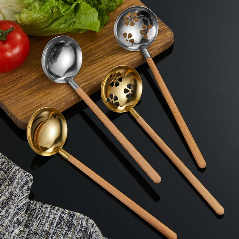 Stainless Steel Wooden Handle Soup Spoon Japanese Kitchen Ramen Tablespoons Colander Hot Pot Scoop Skimmer Gold Tableware