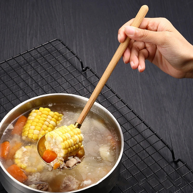 Stainless Steel Wooden Handle Soup Spoon Japanese Kitchen Ramen Tablespoons Colander Hot Pot Scoop Skimmer Gold Tableware