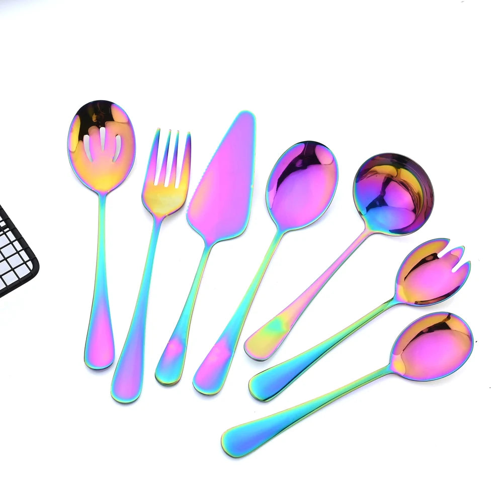 7Pcs Gold Dinnerware Set Stainless Steel Soup Spoon Colander Spoon Service Spoon Salad Fork Cake Spatula Kitchen Home Tableware